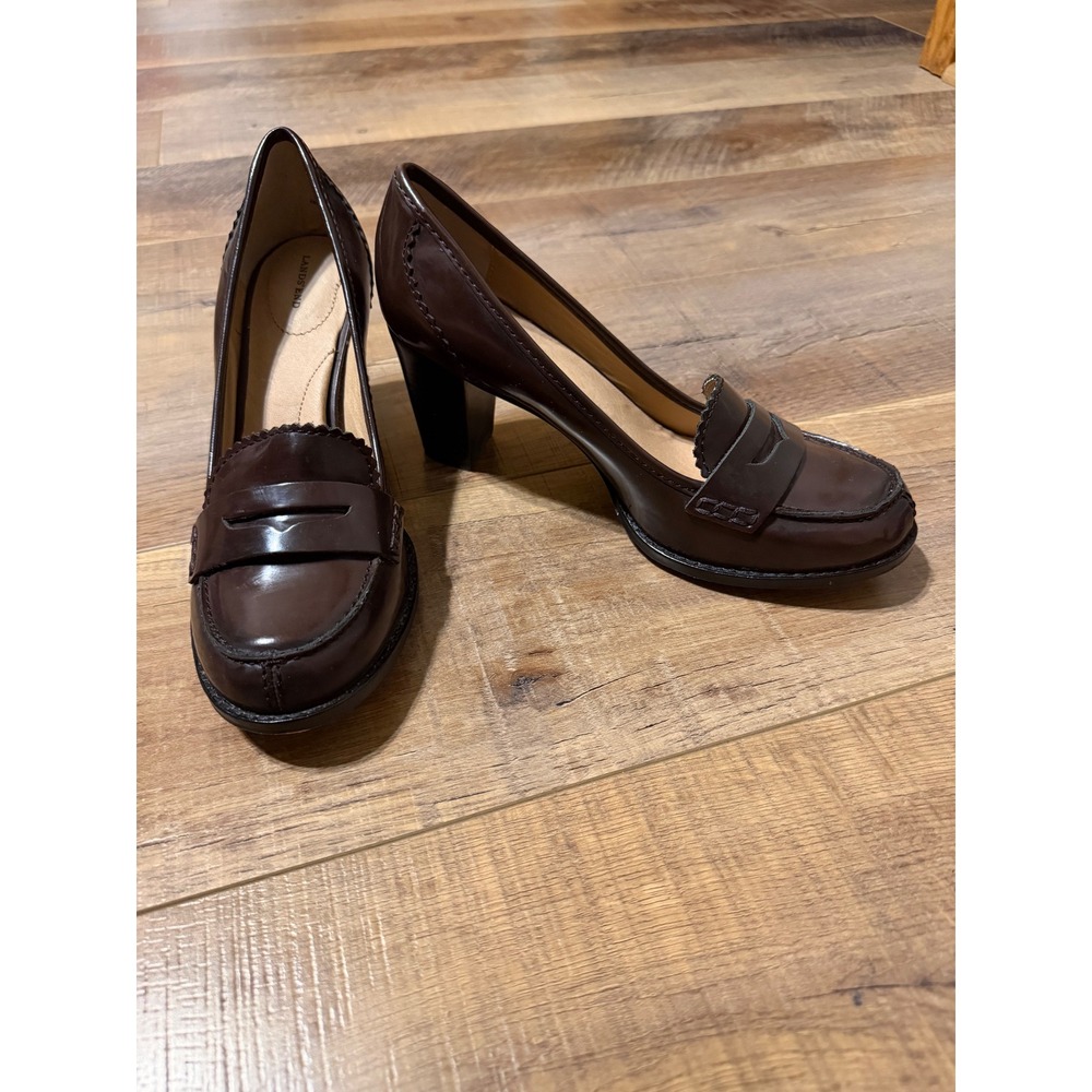 Lands End Womens Brown Leather Penny Loafer Block Heel Pumps Size 8B V2442